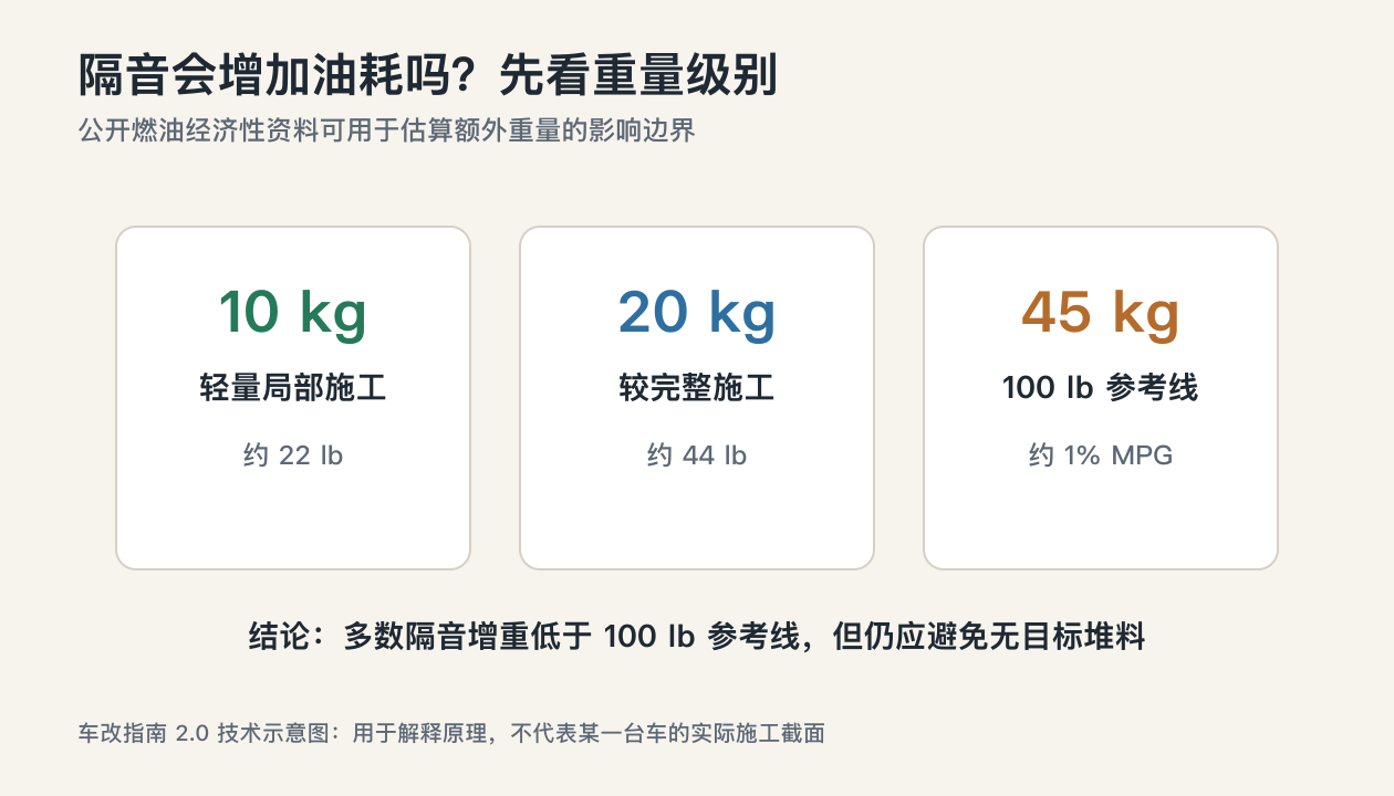 汽车隔音增重和油耗影响参考线示意图